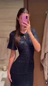 Summer Luxury Navy Blue Tweed Knit Maxi Dress Women Elegant Short Sleeve Button Front Pocket Mermaid Hem Formal Party Outfit New