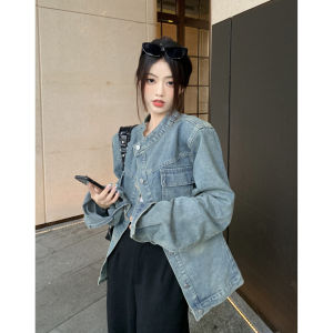 Asymmetrical Diagonal Button Stand Collar Denim Outwear Womens Spring and Autumn Retro Distressed Oblique Placket Parka Jacket Tops Tide