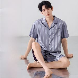 Miiow | Couples Ice Silk Sleepwear Set Mens Womens Home Clothes Lightweight Breathable Short Sleeve Casual Summer Pajamas Gift