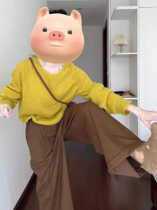 Early Autumn Korean Style Womens Fashion Set Yellow round Neck Knitted Top And Casual Pants Two Piece Set High Sensation