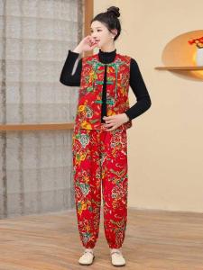 Northeast China Large Floral Print Two-Piece Set Ethnic Artistic Retro Vest Lantern Pants Chinese Style Performance Outfit for Middle-Aged And Elderly Women