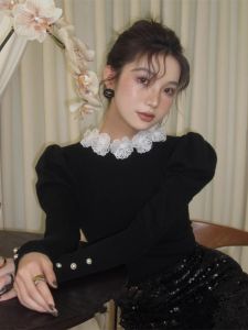 French Style Temperament Fancy Super Nice Sweater Flowers Chic and Beautiful Bottoming Shirt for Women Fall and Winter Inner Wear Knitting Tops