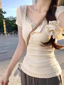 Floral Lace Trim Fit Short Sleeve T-Shirt Womens Summer Design Sensation Shoulder Top Elegant Slim Short Length Upper Apparel