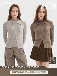 Primecore BIELLA Merino Wool MIU Wind Knitted Open Cardigan Polo Collar Sweater Long Sleeve Regular Length Woolen Knitwear