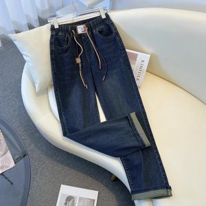 ผ้าขนแกะ เรียงรายหนา เดนิม ขากว้าง กางเกง 2023 ฤดูใบไม้ร่วง ใหม่ เอวยืดหยุ่น กางเกงลำลอง รุ่น Retro Slim เชือกรูด ขาตรง กางเกง