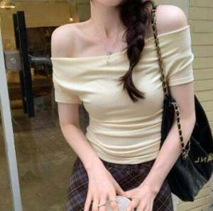 Off Shoulder Tops for Women Korean Short Sleeve T-shirt Round Neck Blouse