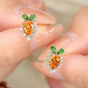 Cute Carrot Ring and Earrings Set Silver Plated 18K Fanta Stone