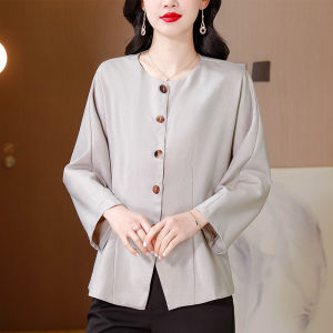 MAIMEI | Loose Long Sleeve Round Neck Grey Shirt Womens Summer New Design High End Casual Polyester Fiber Big Size Top Casual Style