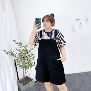 【40-150kg M-5XL】 2021夏季大码女装200斤胖mm300显瘦条纹T恤遮肚背带短裤两件套装 big size fat oversize suit girls ♚