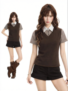 EVPGB | Polo and V-neck Design Plaid Short Sleeve T-shirt for Women Summer College Style