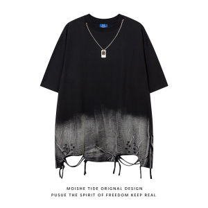 Loose Fit Tie Dye Hole Short Sleeve T Shirt Men Summer Trendy Brand MOISHE TIDE High Street Style round Neck Casual Top