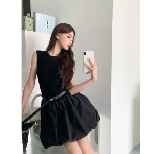 French Chic Versatile Hepburn Style Little Black Dress Summer New Arrival High Waist Flared Skirt Sweet Cool Atmosphere Dress