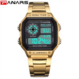 PANARS Top Luxury Stainless Steel Strap Sport Watches Mens Waterproof Back Light Digital Wristwatch Male Alarm