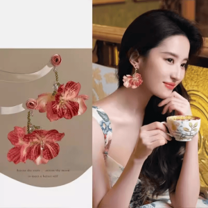 Lost Romance Liu Yifei Huang Yimei Same Style Pink Roses Flower Tassel Earrings Earrings Exaggerated Earrings Female