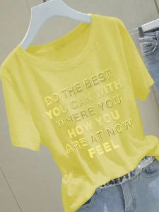 Loose Fit Bamboo Cotton T-Shirt Womens Short Sleeve round Neck Printed Top Korean Style Summer Fashion Breathable Sweat Absorbent