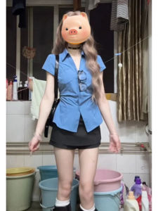 YUEZHONGWEI | เสื้อเชิ้ตแขนสั้นทรงเข้ารูปสีฟ้าสำหรับผู้หญิงในช่วงฤดูร้อน เสื้อเชิ้ตทรงสลิมฟิตพร้อมเข็มขัด ทรงเข้ารูป เสื้อเชิ้ตแขนสั้นสำหรับสาวๆ