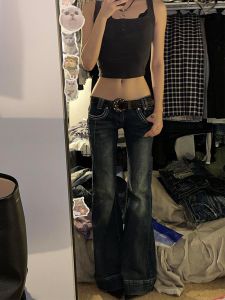Low Waist Flared Jeans Womens Summer 2024 Denim Pants Retro Washed Blue Jeans Long Trousers Y2K Millennium Style Dragging Pants