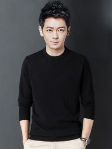 ROMON | Lormen Mens Knitted Sweater Thickened Low Collar Pure Wool Black Winter Fashion Casual Loose Fit Round Neck Long Sleeve Top