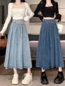 Slim Fit Mid-Length Denim Skirt High Waist A-Line Pleated Skirt Korean Style Office Commute Summer Collection plus Size