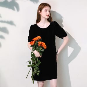 Miccbeirn | Elegant Silk Velvet Dress Slenderizing Slimming Medium Length Silky Smooth Bubble Sleeve Loose Waist Summer Fashion Dress