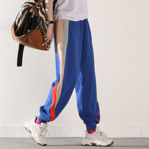 Harmonious Spring New Loose Elastic Waist Pure Cotton Color Block Casual Pants Women High Waist Long Trousers Korean Style