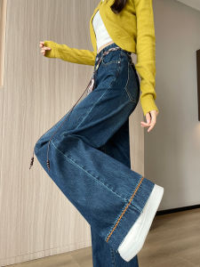High Waist Wide Leg Denim Jeans Womens Belted Elastic Concealing Casual Pants Spring Autumn Season Ladies Cotton Blend
