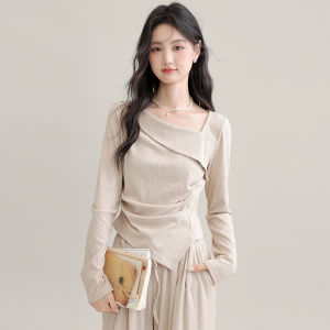 Áo Thun Dài Tay Ôm Vừa Vặn Cổ Chéo Cho Nữ Mùa Thu Đông Thiết Kế Mới Cổ Điển Thoải Mái Thoáng Khí Thường Ngày