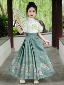 New Summer Childrens Hanfu Set Girls Large Size Traditional Chinese Costume Polyester Fabric Phoenix Pattern Modesty Skirt