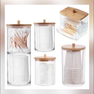 Hộp Đựng Tròn Bằng Acrylic Có Nắp Bằng Tre - Hộp Đựng Tăm Bông Miếng Bông Tẩy Trang Lọ Đựng Đồ Dùng Nhà Tắm - Hộp Đựng Đồ Dùng Phong Cách Hiện Đại