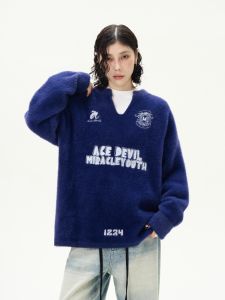 Retro American Embroidered V-neck Loose Mens Knitwear Trendy Outerwear Spring 2025 Loose Fit Sweater Youthful Style