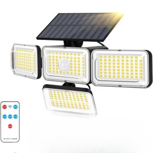 Solar Lights Outdoor Waterproof 288 LED Solar Flood Lights with Motion Sensor 4 Heads Security Light with Remote for Yard