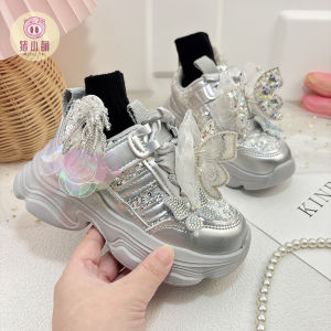 Silver Waterproof Rhinestone Kids Sports Shoes Soft Bottom Leather Surface Princess Style Girls Sneakers Autumn New Arrival