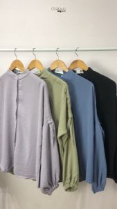 Ezpata Kemeja Crinkle Wanita Polos Jumbo Oversize LD 130cm Kerja Kuliah Bahan Premium Lengan Panjang Serut