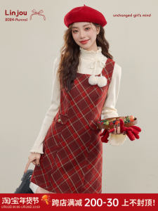 ชุดเดรสยาวแขนกุดลายสก็อตสีแดง กระโปรงทรงเอเอวสูง ผ้าโพลีเอสเตอร์ ฤดูใบไม้ร่วง/ฤดูหนาว ชุดเดรสลำลองสำหรับผู้หญิง