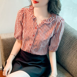 Áo Sơ Mi Kẻ Caro Cổ Chữ V Tay Ngắn Mùa Hè Mới Thiết Kế Cổ Điển Phong Cách HongKong Cho Nữ Áo Sơ Mi Rộng Rãi Thường Ngày