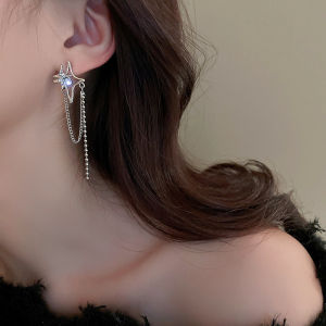 Crystal Star Chain Tassel Earrings for Women Y2K Rhinestone Cross Star Tassel Earring Piercing Geometric Stud Earrings