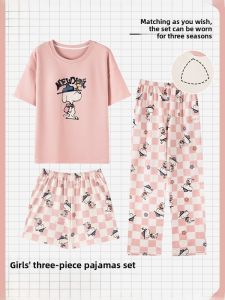 miiow | Pure Cotton Summer Thin Breathable Short Sleeve Three-piece Set Cute Womens Home Clothes With Chest Pad MiiOW Cat Person Pyjamas