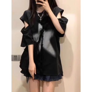 Áo Thun Tay Ngắn Có Thể Tháo Rời American Retro Star Dành Cho Nữ Mùa Hè Phong Cách Đường Phố Thiết Kế Rộng Rãi Cổ Tròn in Họa Tiết