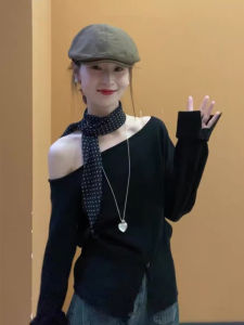 Korean Style Asymmetric Long Sleeve Knitted Top: Spring Season Button Waist Inward Design Split Neckline Short Length