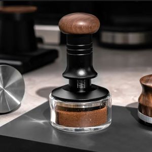 51/53/58.35mm Coffee Tamper Adjustable Walnut Coffee Machine Impact Hammer with Calibrated Spring Load Power Press Coffee Tamper