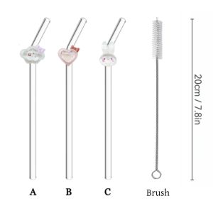 Cartoon Animal & Cloud Design Glass Straws Reusable Curved Drinking Straws with Rabbit Heart & Cloud Decor Kitchen Essential