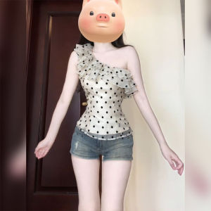 BINKAFENNY | White Polka Dot Off Shoulder Slim Fit Summer Design Sensual Lace Trim Shoulder Womens Chiffon Top Korean Style Straight Cut