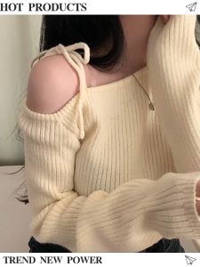 🎀 SIS Chic Niche Retro Sweater Women Off Shoulder Knitwear Slim Fitting Long Sleeved Lace-up Knitwear