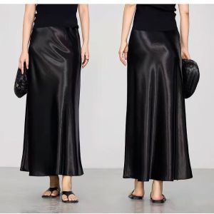 British Style Pleated Flowing Satin Fishtail Skirt with a Large Hem Hip-Hugging High-Waisted Slimming Long High-End Black Glossy Polyester Long Skirt