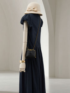 Summer New Style 4U4U Dark Blue round Neck Bubble Sleeve Dress Womens Simple Design Slimming Long Dress Korean Style A-Line Skirt