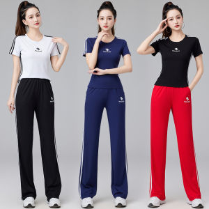Spring Summer Sportswear Womens Dance Fitness Short Sleeve Top Pants Fashion Square Dancing Set round Neck Long Pants