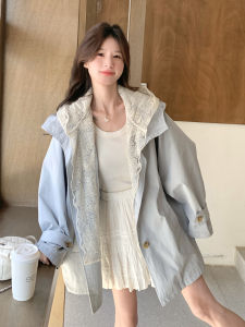 Blue Korean Style Sweet Cool Lace Hooded Coat Womens Mid-Length Lazy Style Jacket Elegant Loose Fit Long Sleeve Closure