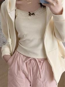 เสื้อกั๊กสายเดี่ยวผ้าลูกไม้สไตล์ BM Pure Desire สำหรับผู้หญิง ฤดูใบไม้ร่วง ใส่ด้านนอก ใส่ด้านใน เสื้อชั้นในแบบมีแผ่นเสริมหน้าอก เสื้อกั๊กคอวี