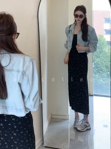 Spring Summer New Style Womens Short Denim Jacket Floral Waist Cinching Long Dress Two Piece Set Fashionable Casual Outfit