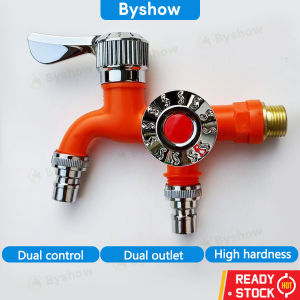 Byshow 1/2 inch Double Outlet Dual Control basin twin head valve plastik faucet 2 way washing machine bathroom shower toilet kitchen faucet two way water tap paip bilik mandi 双头水龙头